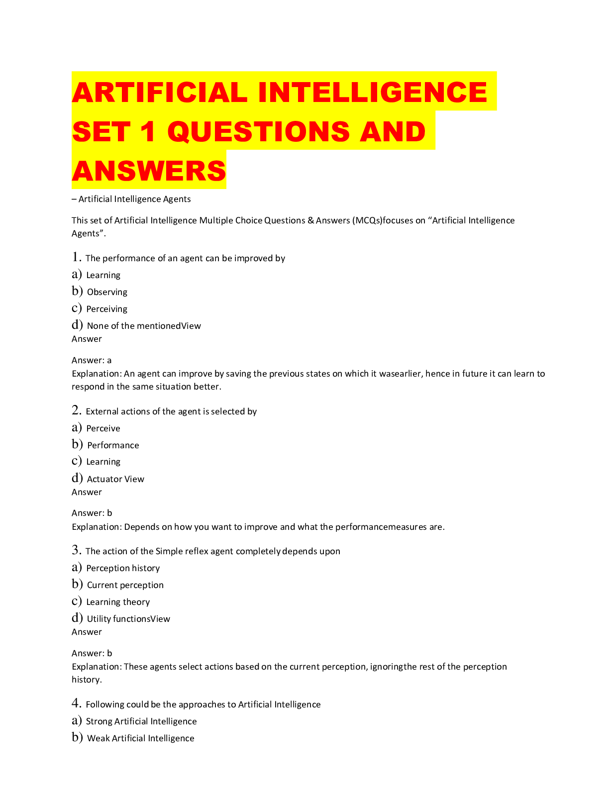 Preview image of ARTIFICIAL INTELLIGENCE SET 1 QUESTIONS AND ANSWERS document